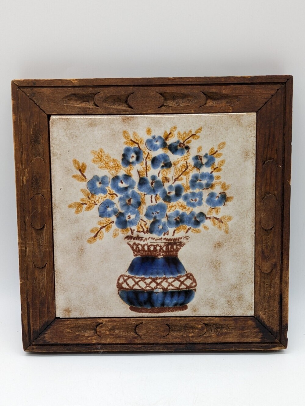 Vintage Ceramica Brown Cream Blue Framed Floral Tile